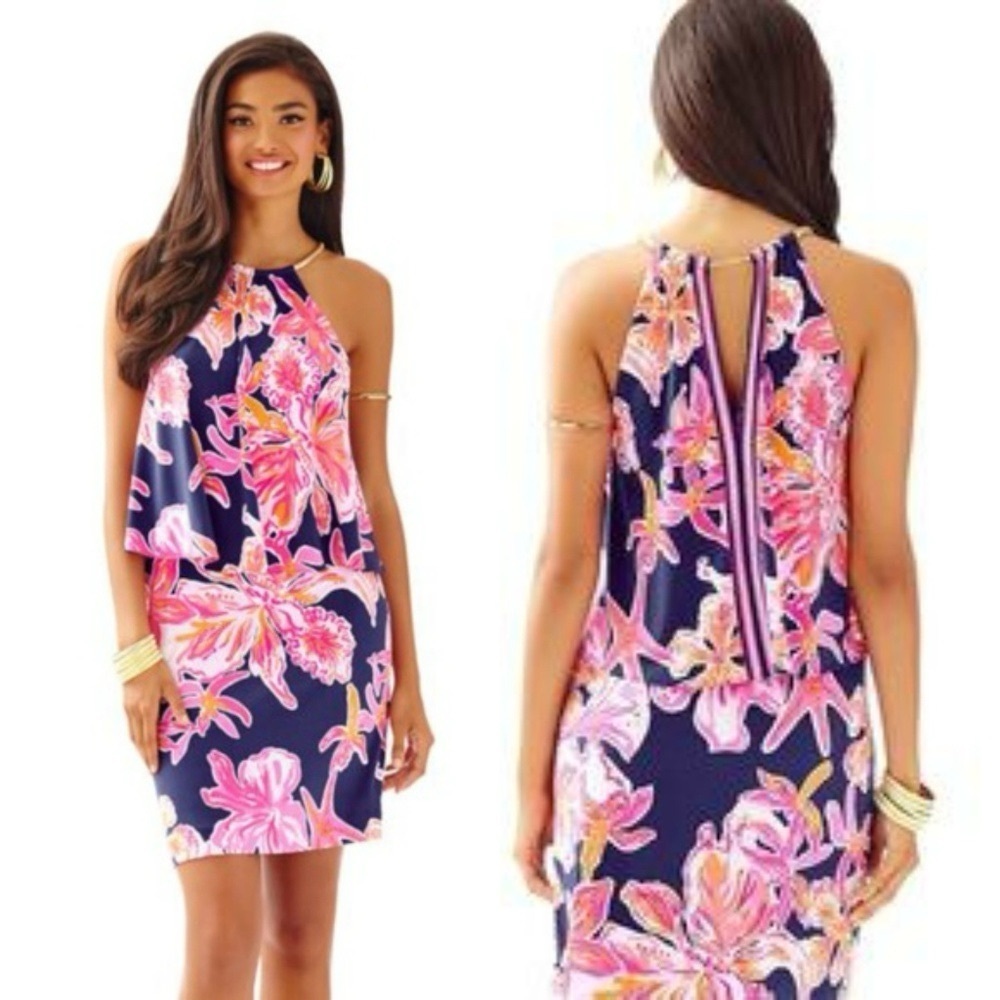 Lilly Pulitzer • Lucia Dress layered halter mini Via Sunny Engineered navy